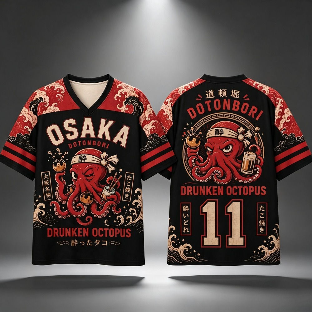 Street Fashion Osaka - เสื้อยืดผู้ชายลายปลาหมึกทาโกะยากิโอซากะ คอวี แขนลายทาง ระบายอากาศได้ดี สไตล์สตรีทแฟชั่น