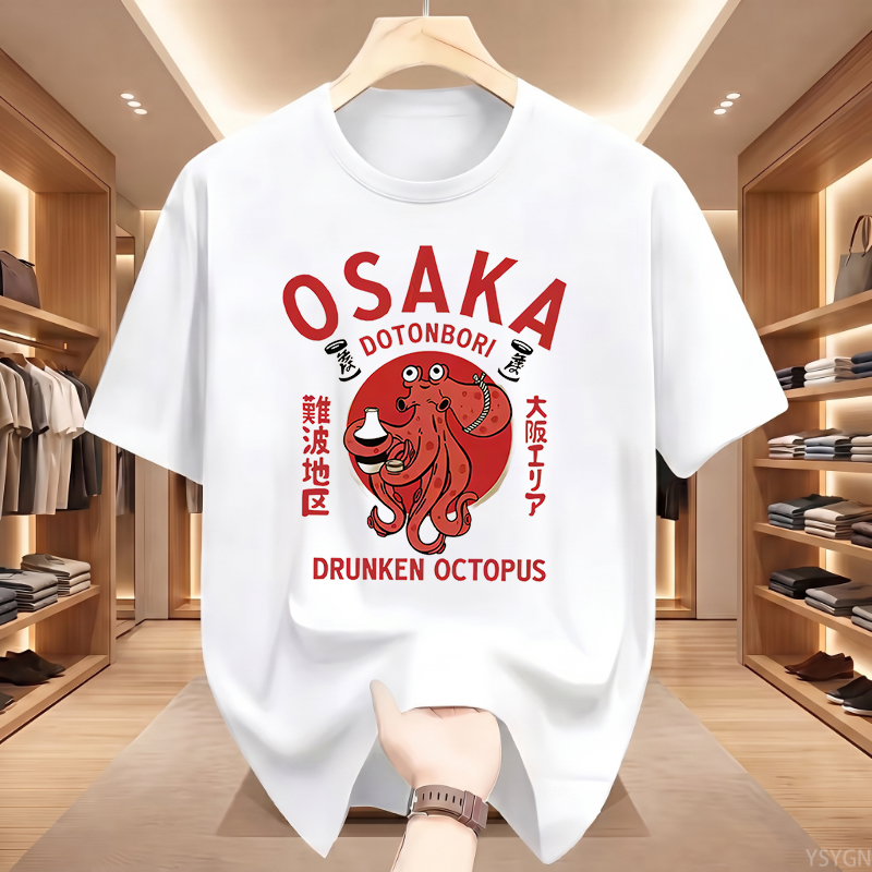 Street Fashion Osaka - เสื้อยืดลายปลาหมึกดื่มเหล้า โดโตนโบริ โอซาก้า สไตล์ญี่ปุ่น สำหรับคนรักอาหารริมทาง เสื้อยืดผ้าฝ้ายวินเทจ