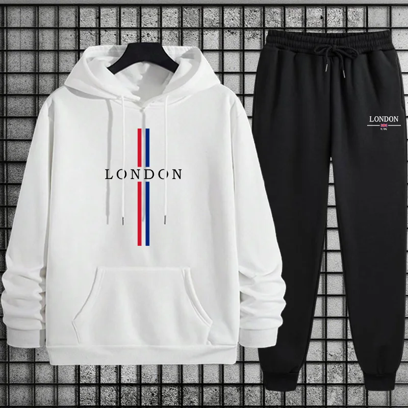 Street Fashion In London - เสื้อแจ็คเก็ตสูทลำลองสำหรับผู้ชายสไตล์ลอนดอนฤดูใบไม้ร่วง/ฤดูหนาว พร้อมฮู้ดดี้และกางเกงจ็อกกิ้งทรงหลวมสำหรับการสวมใส่ลำลองในชีวิตประจำวัน
