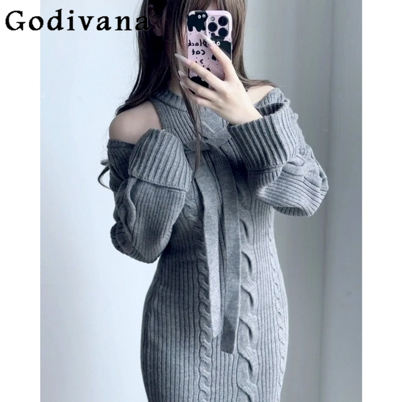 Japanese Street Fashion Female - เดรสไหมพรมผูกโบว์สไตล์ญี่ปุ่นสำหรับผู้หญิงคอลเลคชั่นฤดูใบไม้ร่วง-ฤดูหนาว ดีไซน์เรียบหรู ทรงเข้ารูป ช่วยพรางหุ่นให้ดูเพรียว