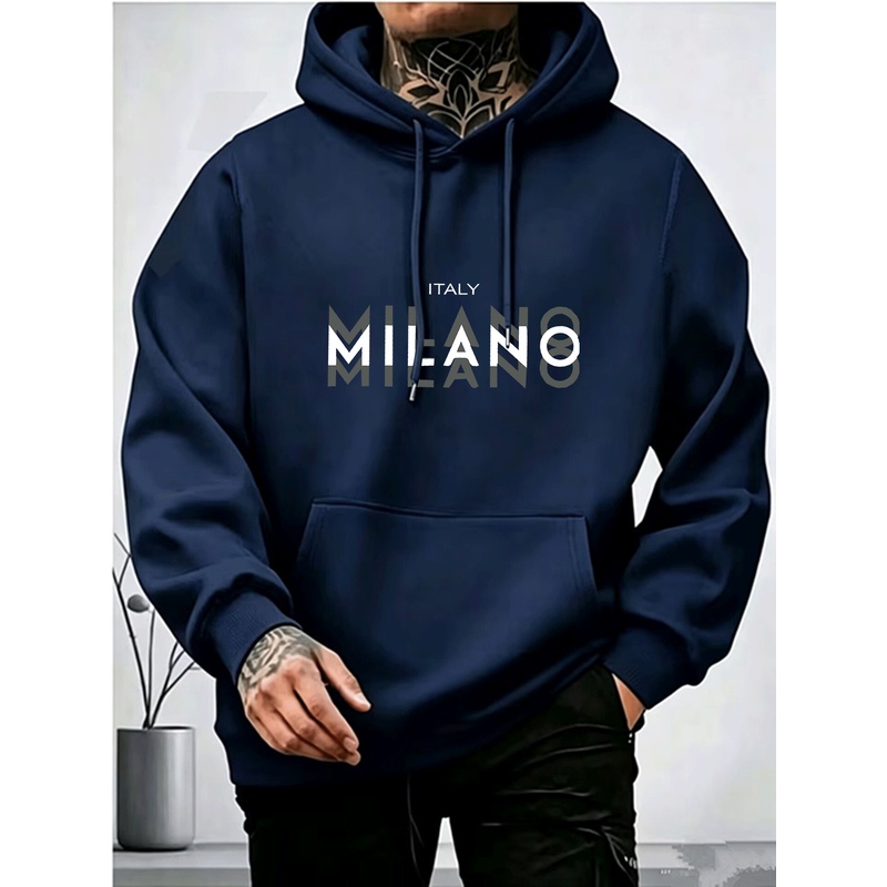 Street Fashion Milano - เสื้อฮู้ดผู้ชาย ผ้าฟลีซ แฟชั่นสตรีทสำหรับฤดูใบไม้ผลิและฤดูใบไม้ร่วง พิมพ์ลายตัวอักษร MILANO ดีไซน์เฉพาะตัว