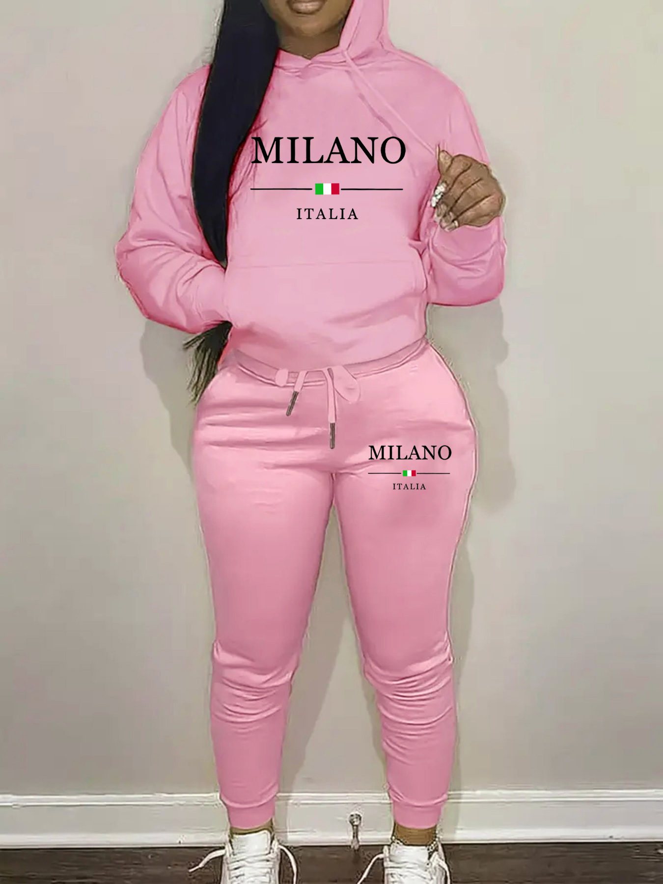 Street Fashion Milano - ชุดเสื้อฮู้ดมีฮู้ดพิมพ์ลาย MILANO ITALIA สไตล์ลำลองสำหรับผู้หญิง ฤดูใบไม้ร่วงและฤดูหนาว ทรงหลวม