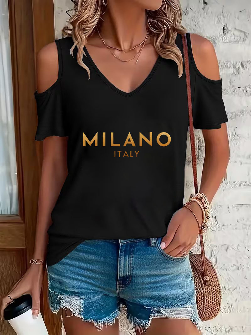 Street Fashion Milano - เสื้อยืดแฟชั่นลายตัวอักษร Milano Italia คอวี เสื้อยืดลำลอง เสื้อผ้าผู้หญิงสุดอินเทรนด์สำหรับฤดูร้อนและฤดูใบไม้ผลิ