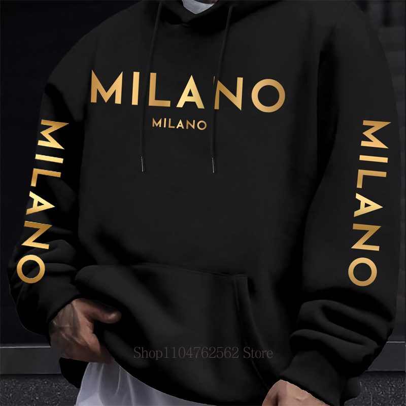 Street Fashion Milano - เสื้อฮู้ดพิมพ์ลายตัวอักษร Milano สำหรับผู้ชายและผู้หญิง แฟชั่นลำลองฤดูใบไม้ร่วงและฤดูหนาว สไตล์สปอร์ต ฮายสตรีท