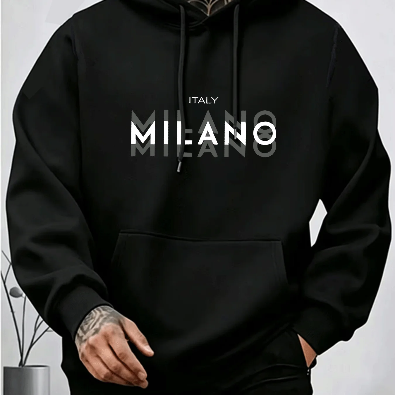 Street Fashion Milano - เสื้อฮู้ดพิมพ์ลายตัวอักษร MILANO สำหรับผู้ชาย สไตล์สตรีทแฟชั่นลำลอง ใส่สบาย ทรงหลวม