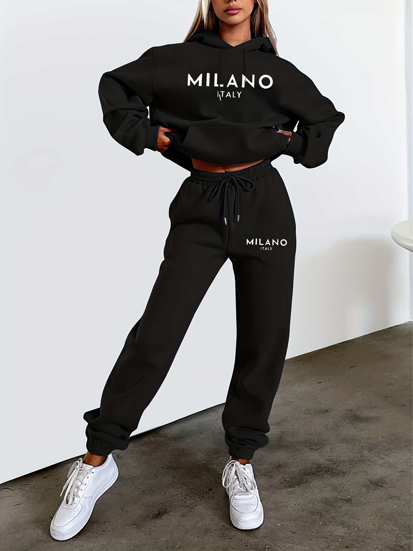 Street Fashion Milano - ชุดเสื้อฮู้ด+กางเกงกีฬาสำหรับผู้หญิง ฤดูใบไม้ร่วง/ฤดูหนาว สไตล์ลำลองสตรีท พิมพ์ลายตัวอักษร MILANO ITALY