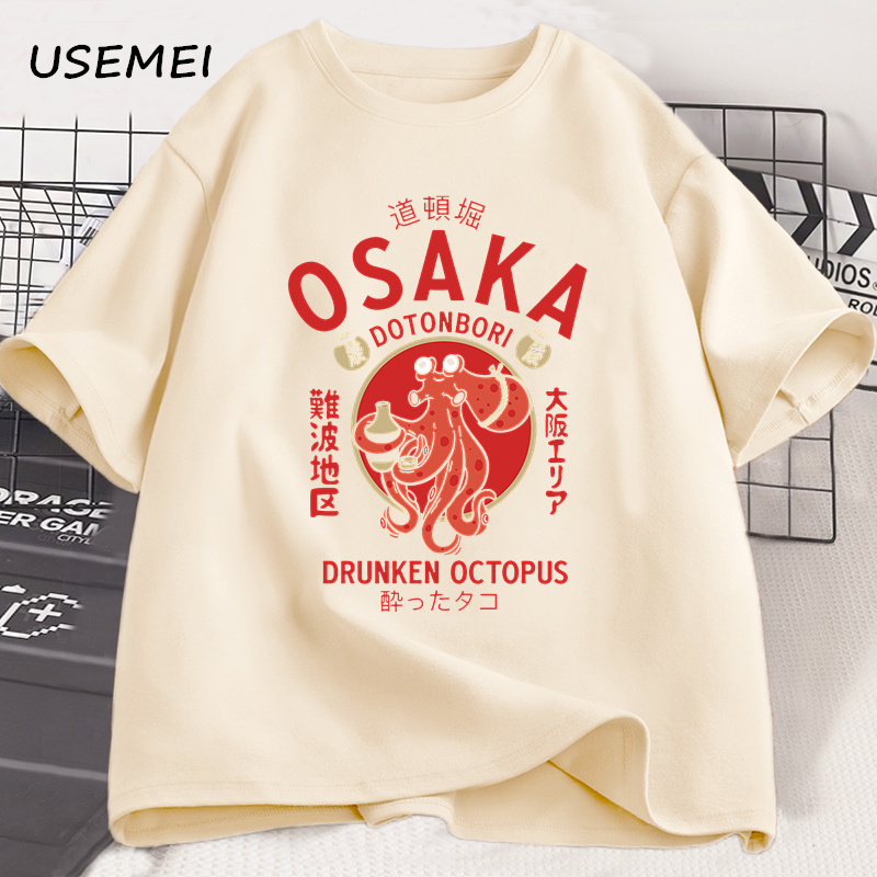 Street Fashion Osaka - โอซาก้า โดโตนโบริ, เสื้อยืดลายปลาหมึกเมา, เสื้อยืดสำหรับคนรักอาหารสตรีทสไตล์ญี่ปุ่น, เสื้อยืดแขนสั้นผ้าฝ้ายวินเทจ