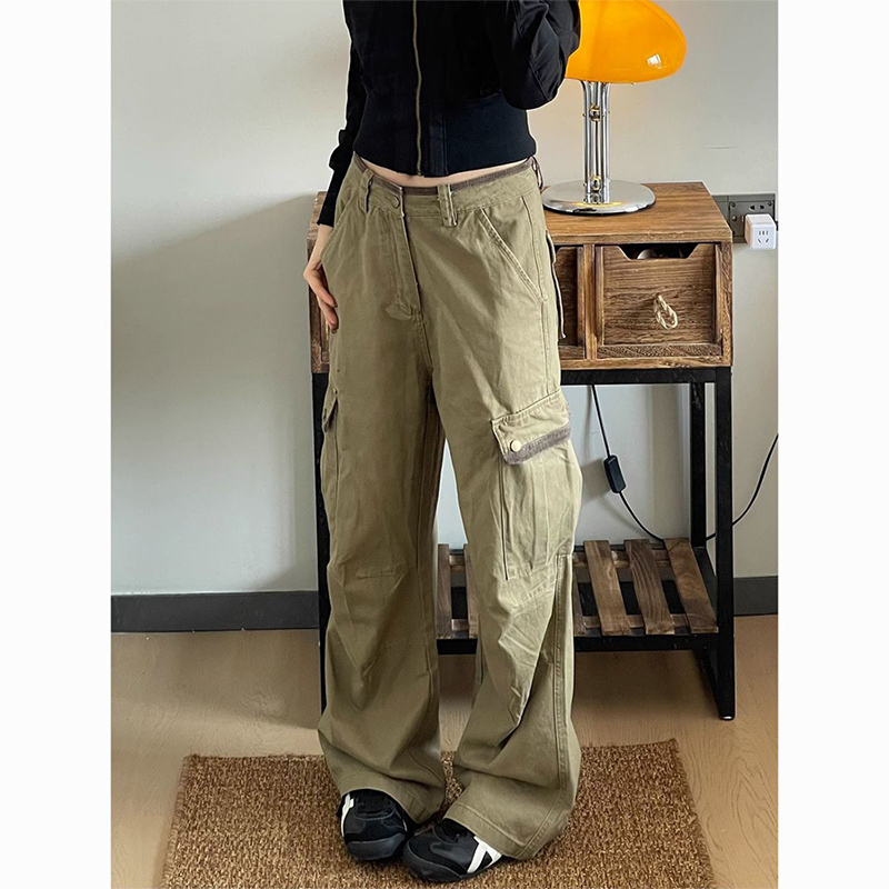 Japanese Street Fashion Female - กางเกงคาร์โก้ทรงหลวมสีกากีแฟชั่นผู้หญิงหลายกระเป๋าผ้าพลิ้วขาบาน กางเกงยีนส์ผู้หญิงฤดูใบไม้ร่วงฤดูหนาวสไตล์ญี่ปุ่น กางเกงขายาวผู้หญิง