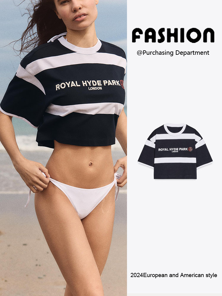 Street Fashion In London - เสื้อยืดแขนสั้นเปิดไหล่ลายปักลายทางสไตล์ลอนดอนสำหรับผู้หญิง แฟชั่นใหม่รับฤดูใบไม้ผลิ สไตล์สตรีท