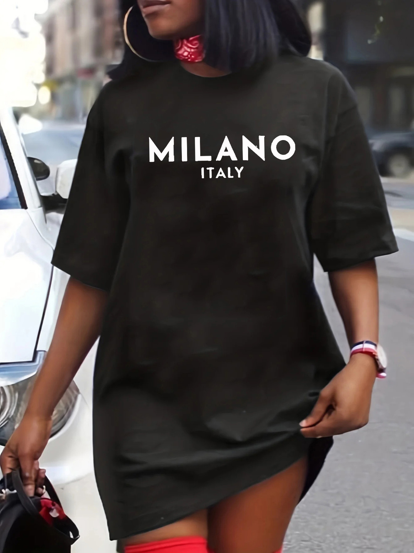 Street Fashion Milano - ฤดูใบไม้ผลิและฤดูร้อนของผู้หญิงแฟชั่นลําลองหลวม MILANO ITALIA จดหมายพิมพ์ชุดเสื้อยืดแขนสั้นคอกลม
