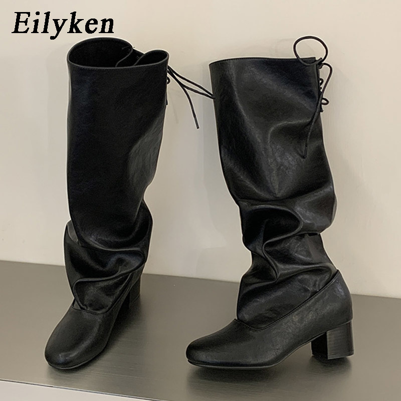 Street Fashion Winter - Eilyken 2027 แฟชั่นฤดูหนาวใหม่ รองเท้าบูทผู้หญิงหุ้มข้อทรงกลมแบบผูกเชือก ส้นเหลี่ยม รองเท้าบูทยาว