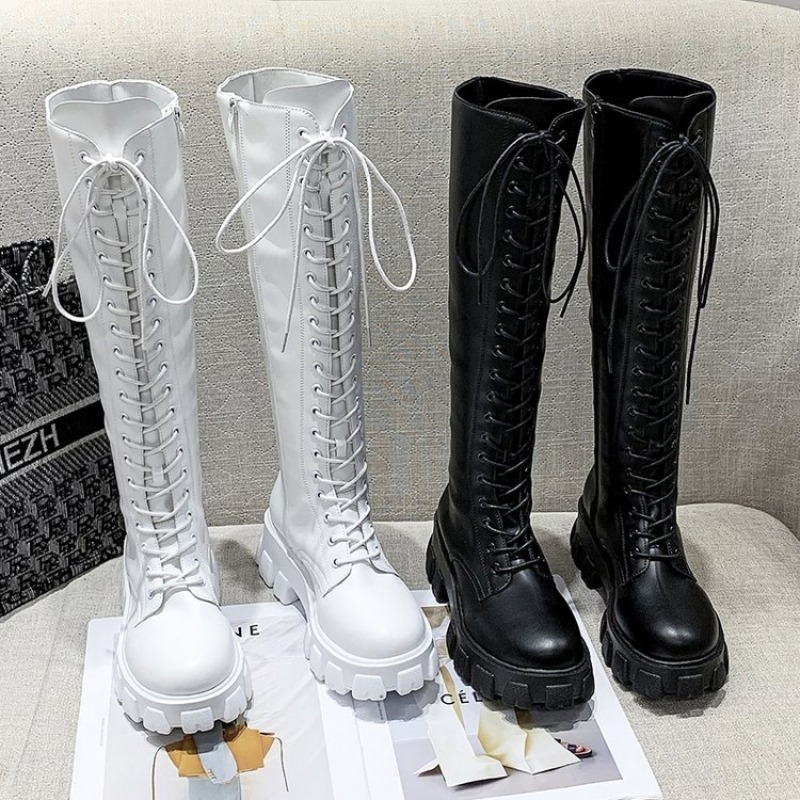 Street Fashion Winter - รองเท้าบูทผู้หญิงแบบผูกเชือก ความสูงระดับเข่า พื้นหนา ทรงหัวมน มีซิปด้านข้าง สำหรับฤดูหนาว